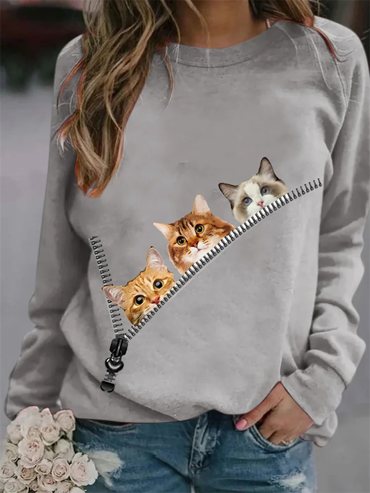 Cats Peeking Zipper Graphic Sweatshirt
