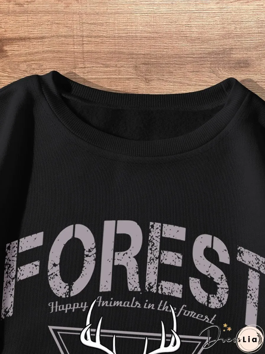 Black Retro Sika Deer Casual Fashion Winter Round Neck Long-sleeved Sweatshirt