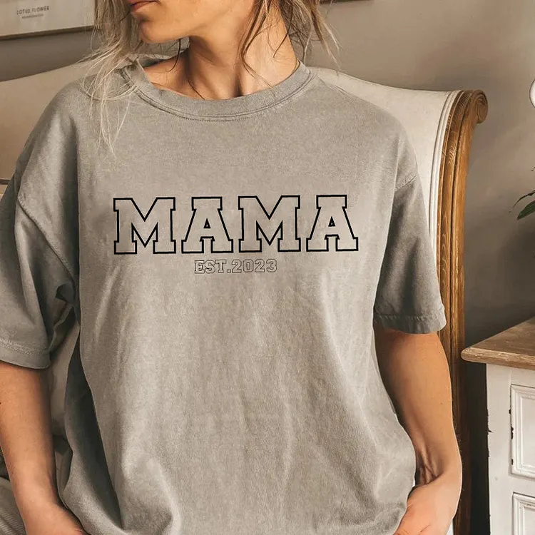 Personalised Chest Text Customization Mama Est Year T-shirt, with Children's Names on the Sleeve, Mother's Day Gift
