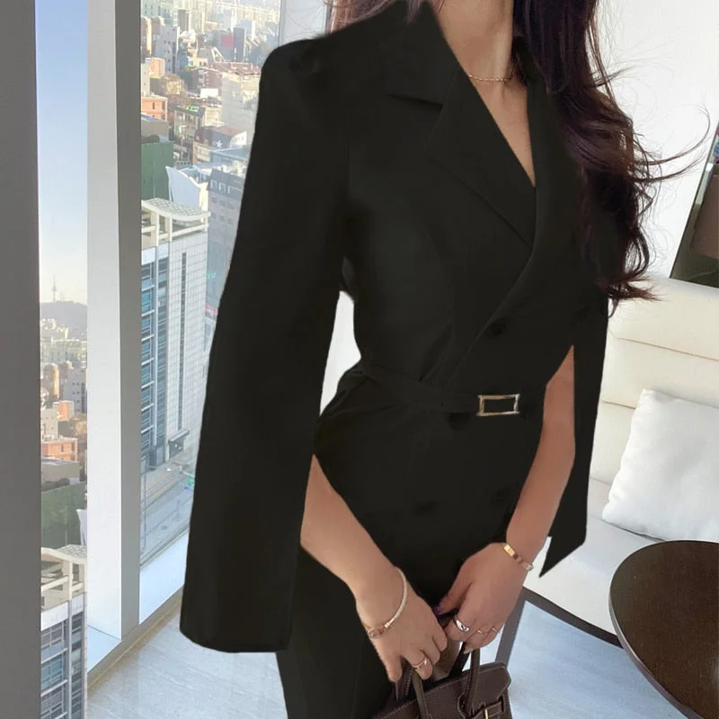 Women Dress 2021 Summer Korean Chic Elegant Temperament Lapel Double-Breasted Suit-Style Slit Clock Sleeves Vestidos With Belt
