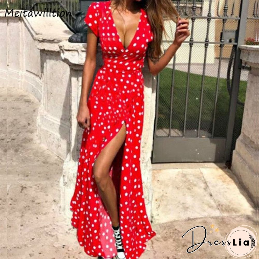 Summer Women Boho Dress Sexy V Neck Short Sleeve Beach Sundress Casual Dot Print Long Dress Vintage Party Dresses