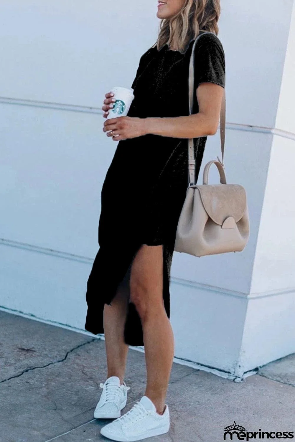 Casual Short Sleeve T-shirt Midi Dress with High Splits