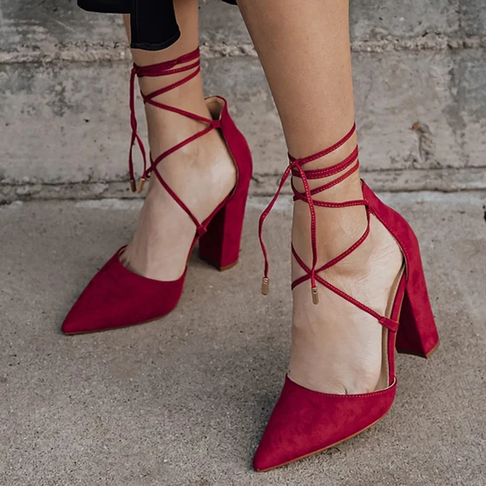 Full Red Suede Closed Pointed Toe Pumps With Slingback Ankle Strappy Cone Heels Nicepairs