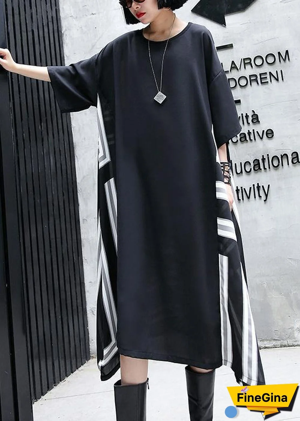Vivid o neck patchwork cotton dresses Work Outfits black Maxi Dresses summer