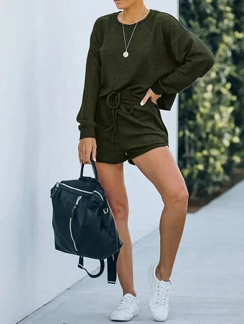 Long Sleeve Round Neck Sweatshirt with Mini Shorts Set