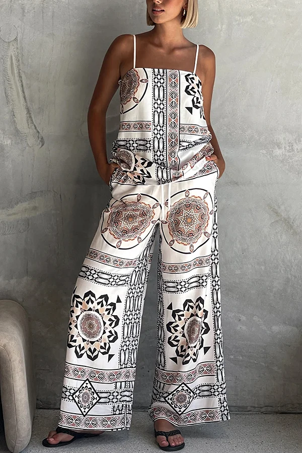 Unique Print Loose Casual Tank Top and Elastic Waist Wide Leg Straight Pants Set