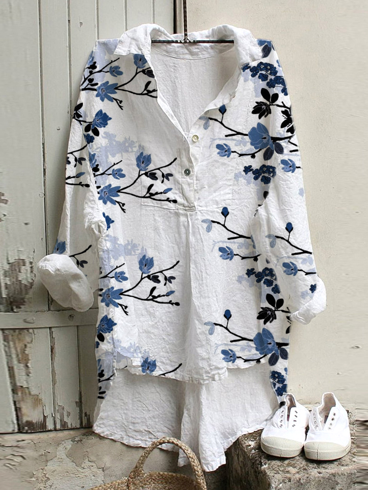 Comstylish Blue Floral Print Casual Cozy Cotton Linen Shirt