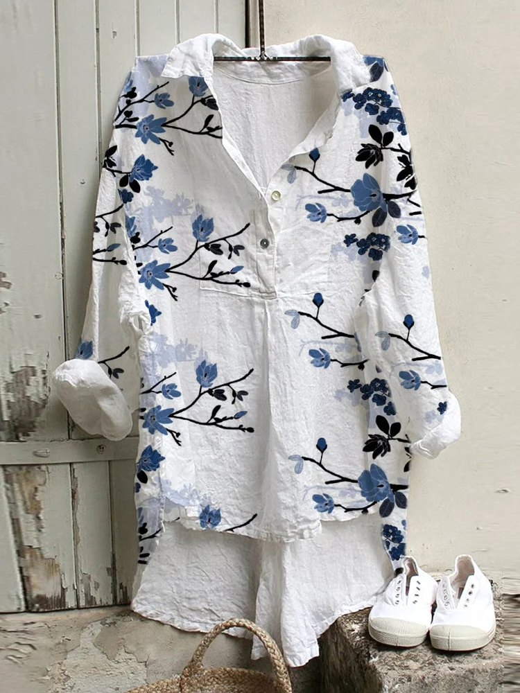 Comstylish Blue Floral Print Casual Cozy Cotton Linen Shirt