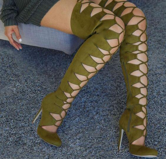 VCSHOES Diplsoot Woman Army Green Burgundy Gladiator Thigh High Boots Stiletto Heels Pointed Toe Cuts Out Over The Knee Long Boots