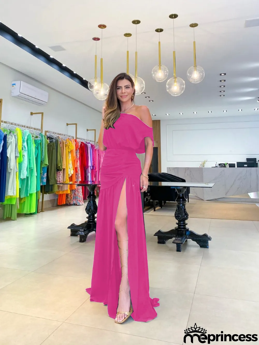 Solid Sexy Slash Shoulder Off-Shoulder Slim Waist Slit Gown Dress