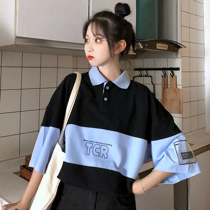 Fashion Cute Patchwork Shirt Streetwear Harajuku Cool Japan Casual Gothic Tshirt Funny Punk Loose Student Polo Shirt Tops Girl