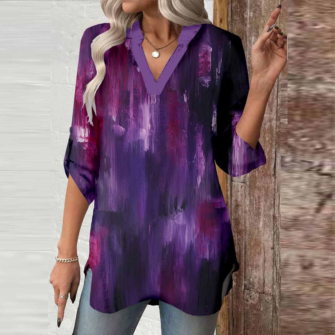 Women Painting,Purple DZGA0017 3/4 Sleeve V-neck Printed Graphic Button Tops