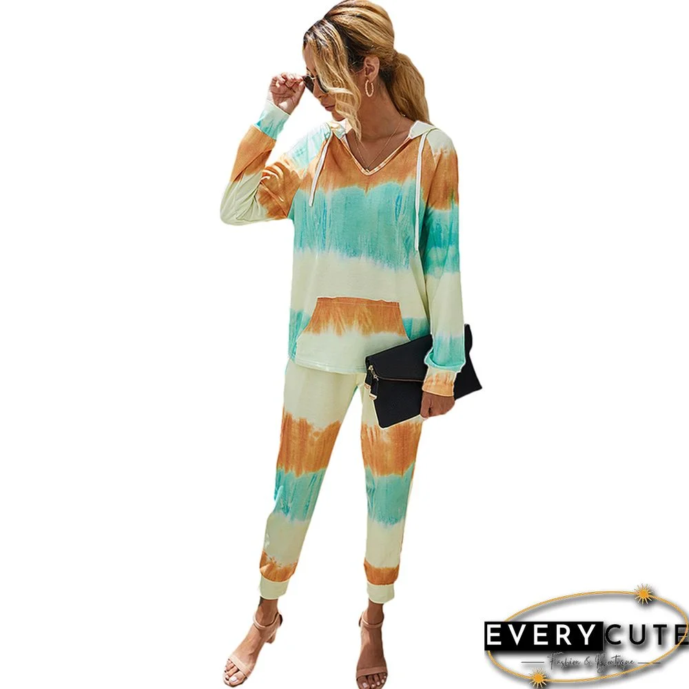 Yellow Tie Dye Print Drawstring Hoodie with Pants Set