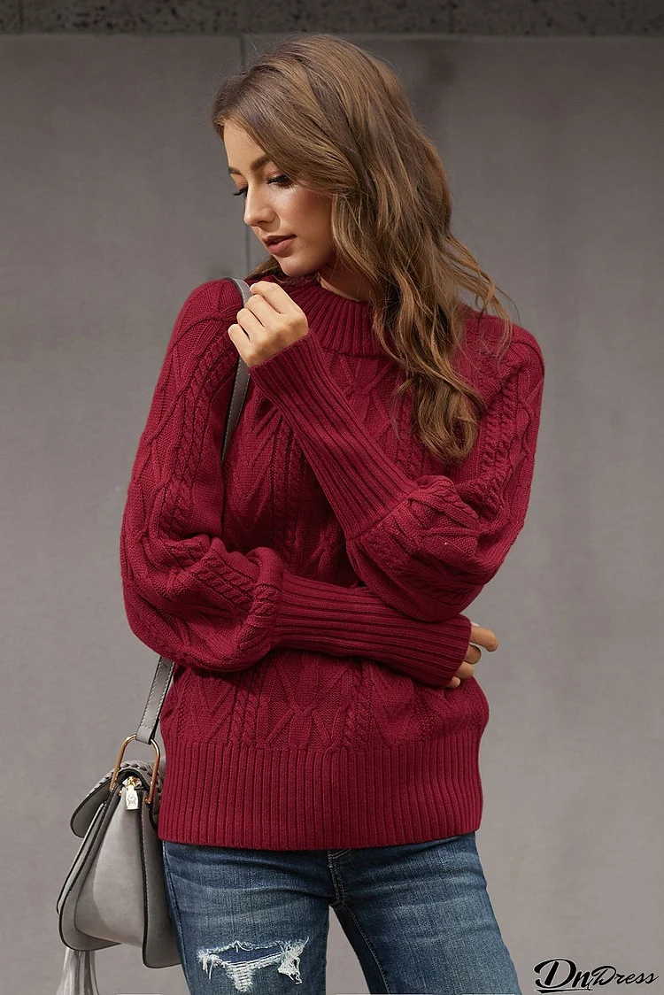 Housewarming Cable Knit Balloon Sleeve Winter Red Sweater