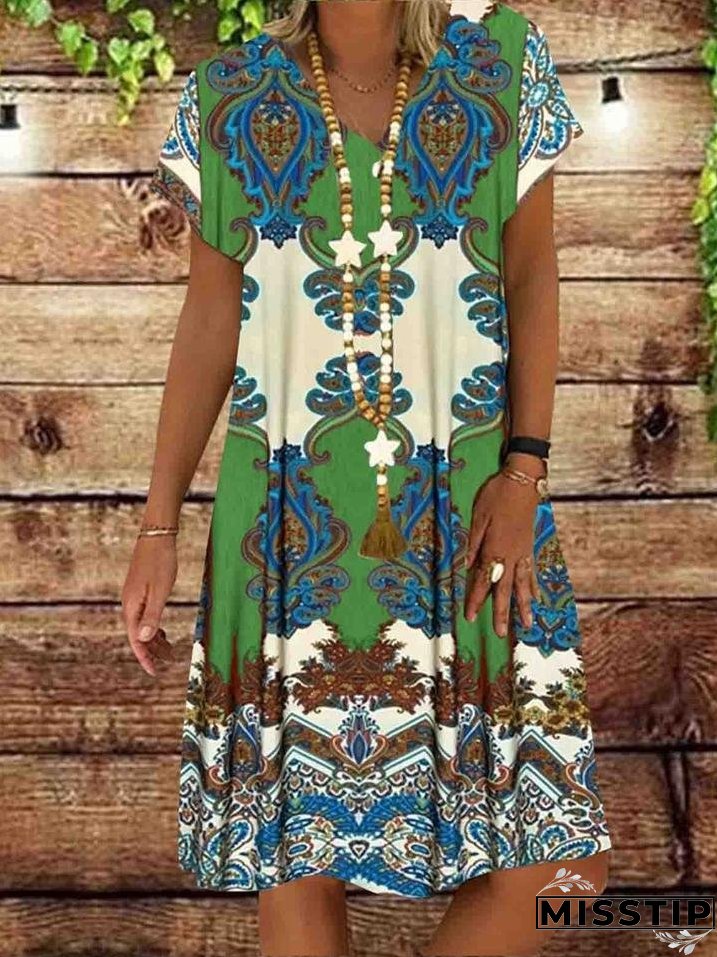 Summer New Short-sleeved Printed Dress Mid-length A-line Skirt
