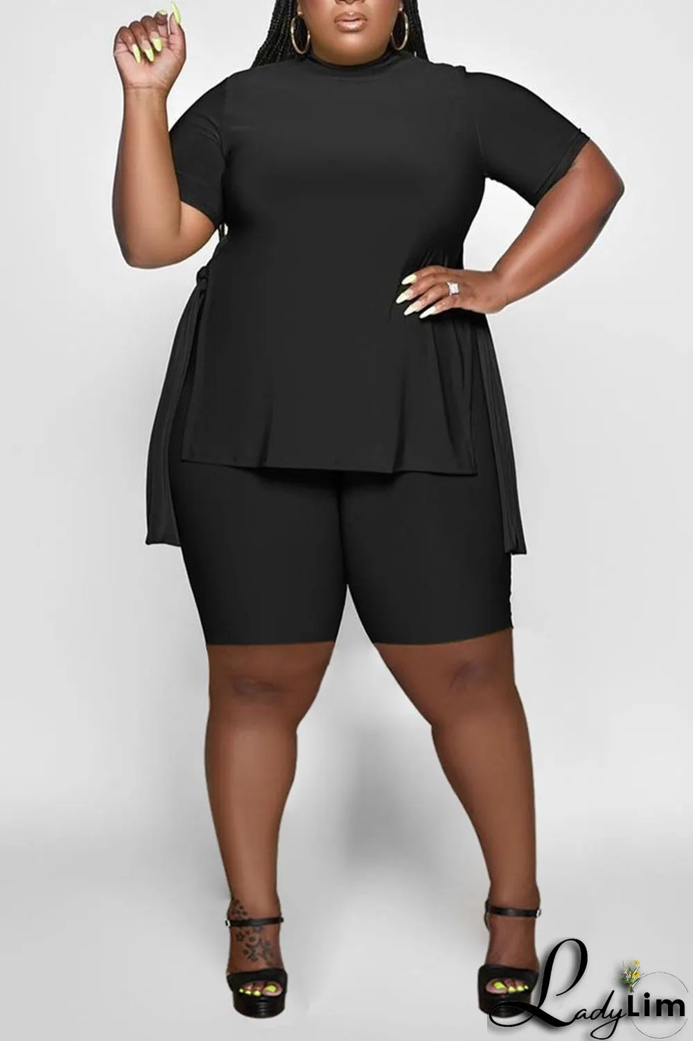 Rose Red Casual Solid Split Joint Slit O Neck Plus Size Two Pieces