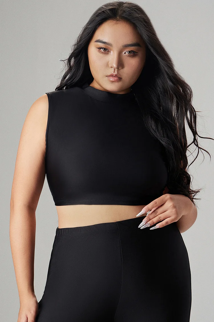 Xpluswear Design Plus Size Casual Tank Top Black Sleeveless Mock Neck Knitted Tank Top [Pre-Order]