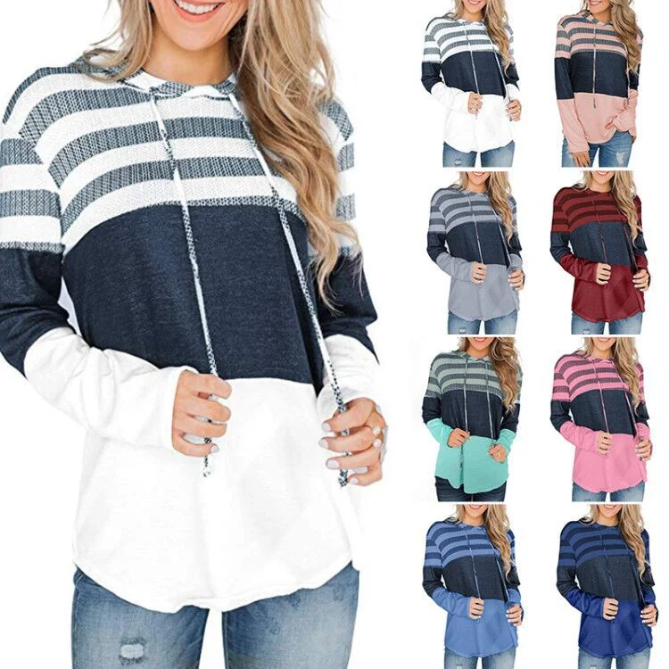 Women's Stripe Color Block Sweatshirt Hooded