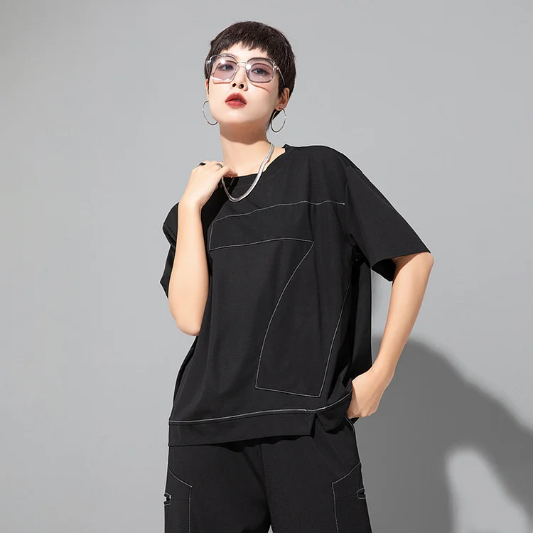 Casual Color Blocking Short Sleeve Round Neck T-shirt - yankia