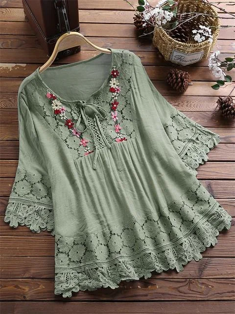 Uveng Cotton Linen Stitching Lace Elegant Solid Color V-neck Loose Women's Top