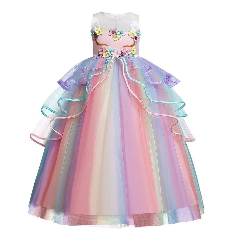 Fancy Baby Girl Rainbow Unicorn Girls Dress Party Elegant Children Kids Long Tutu Gown Princess Dresses Teen Girl 10 12 14 Years