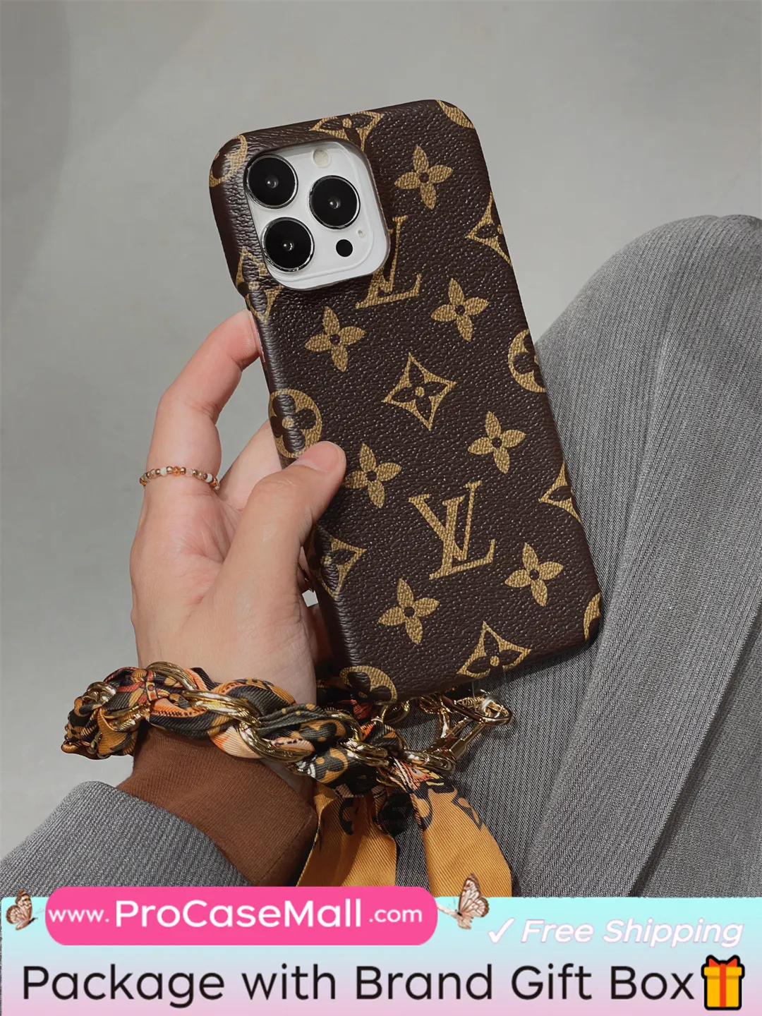 Luxury LV Gucci Canvas Apple iPhone Case Detachable Silk Scarf Wristband