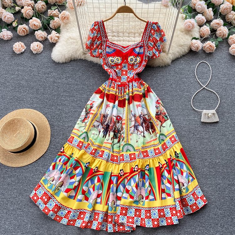 Flaxmaker Temperament Vacation Printed Retro Palace Style Waist Dress