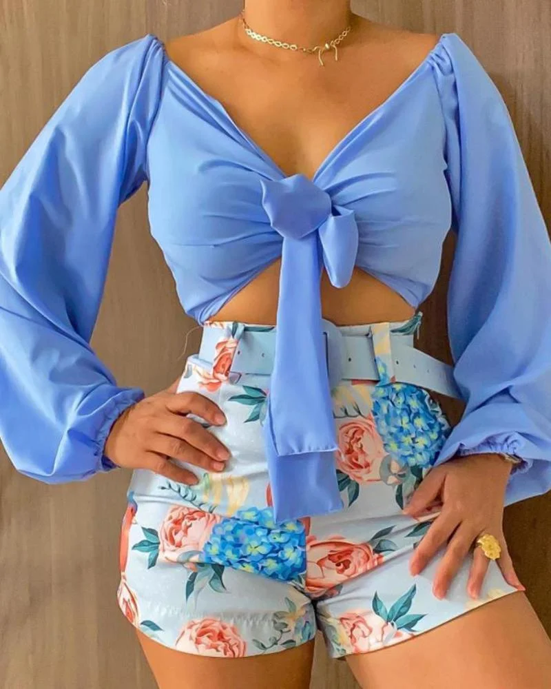 Short Long Sleeve Top & Printed Shorts Set