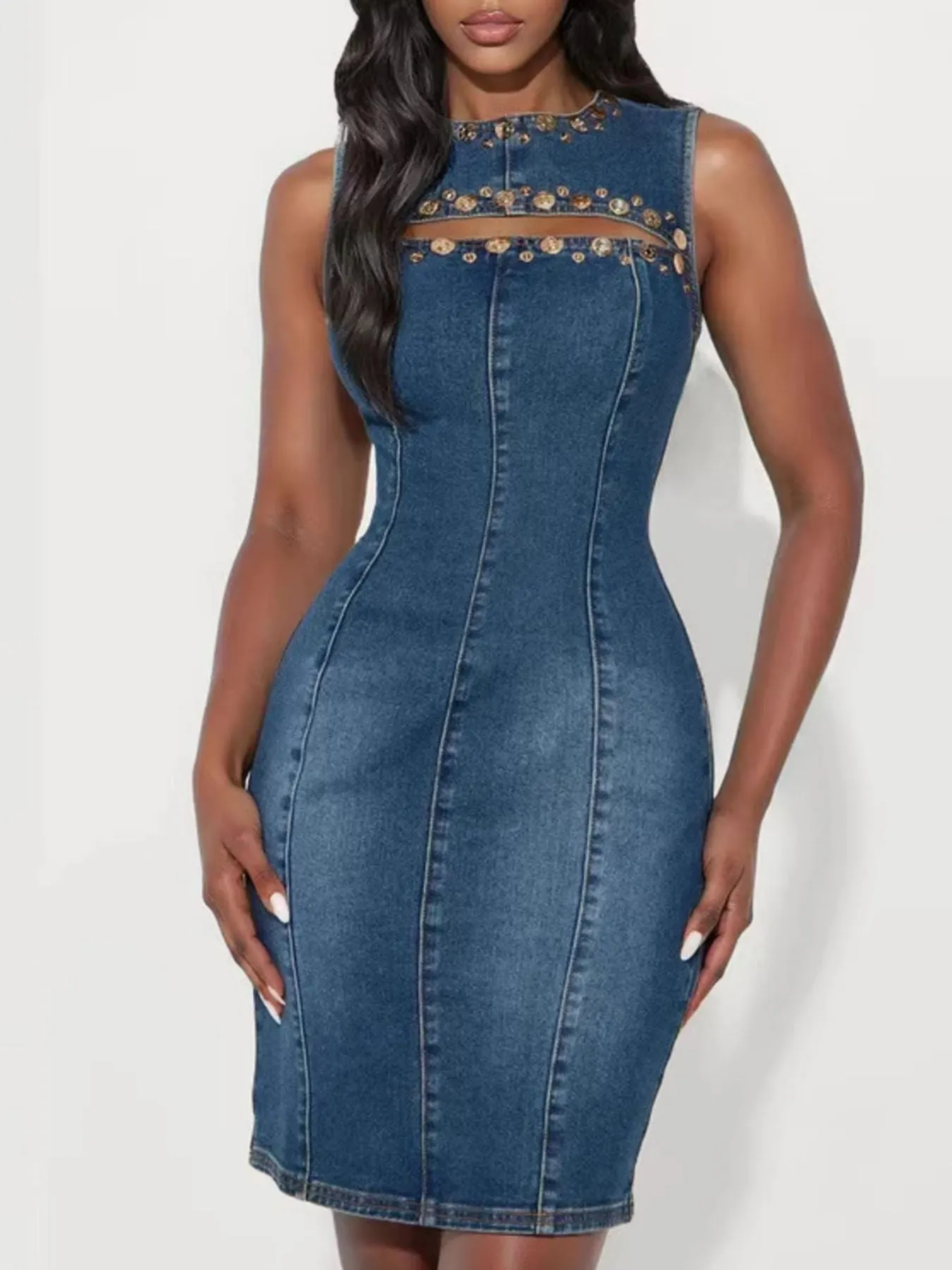 Embellished Cutout Sleeveless Denim Dress mysite idetrend