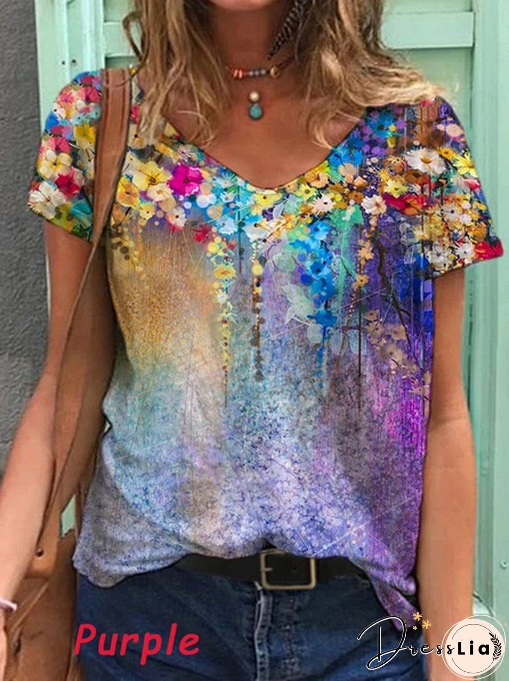 Women's V-neck Casual Color Flower Painting Short Sleeve T-shirt Loose Top Plus Size Summer Blouse XS-5XL
