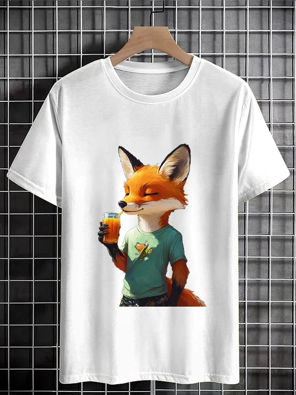 Men's Fox Drinking Juice Graphic Print Cotton Casual T-Shirt