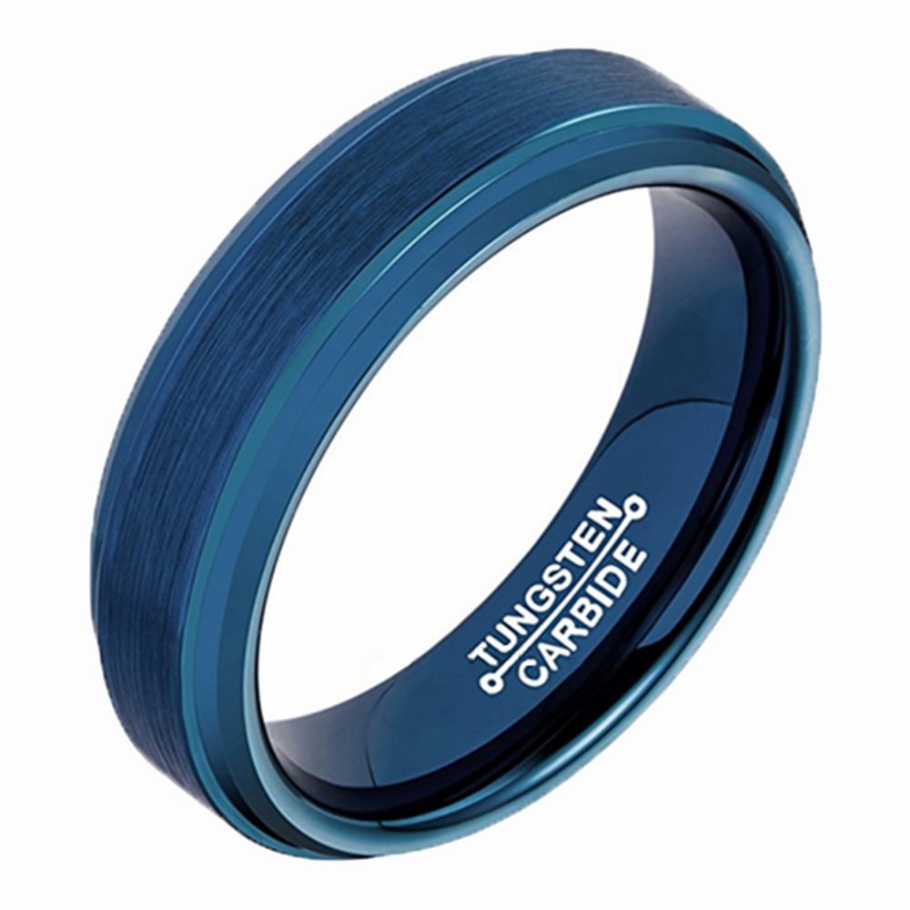 Couples Tungsten Rings Blue Plated Step Edge Brushed Surface 6mm