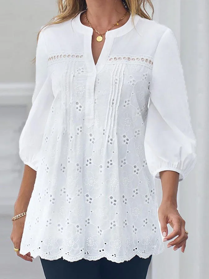 Balloon Sleeve Top Lace Cutout Blouse