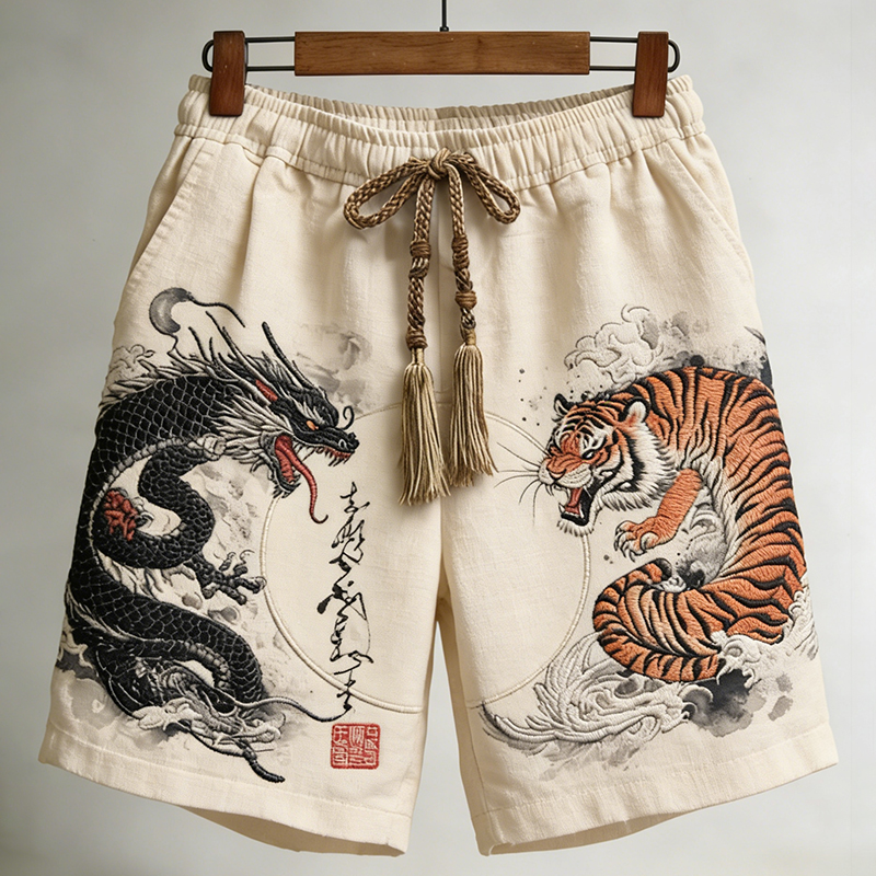 Men's Japanese Dragon With Tiger Art Linen Comfy Shorts  artssus