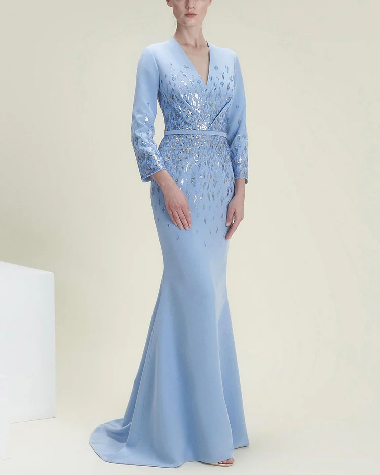 Elegant V-neck embroidered sequin gown
