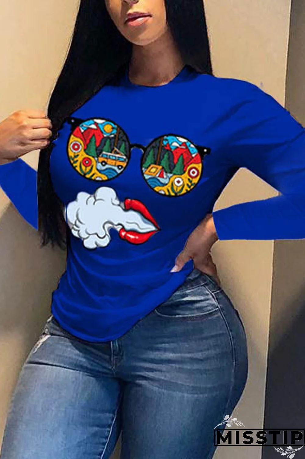 Blue Casual Character O Neck Tops