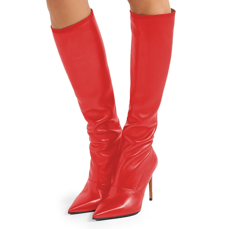 Red Pointy Toe Stiletto Boots Knee High Boots |FSJ Shoes