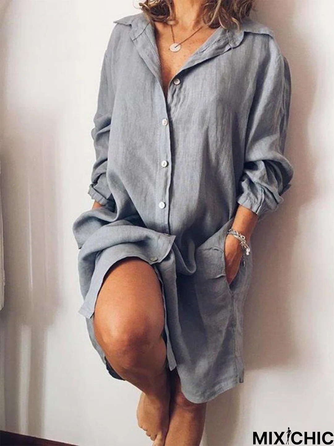 Casual V Neck Long Sleeve Solid Weaving Dress