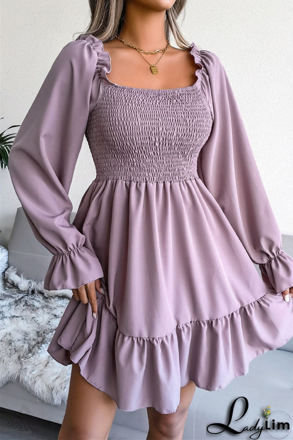 Burgundy Fashion Casual Solid Patchwork Square Collar Long Sleeve Dresses