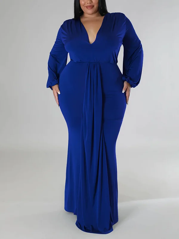 Pleated Solid Color Bishop Sleeve Long Sleeves Deep V-Neck Maxi Dresses