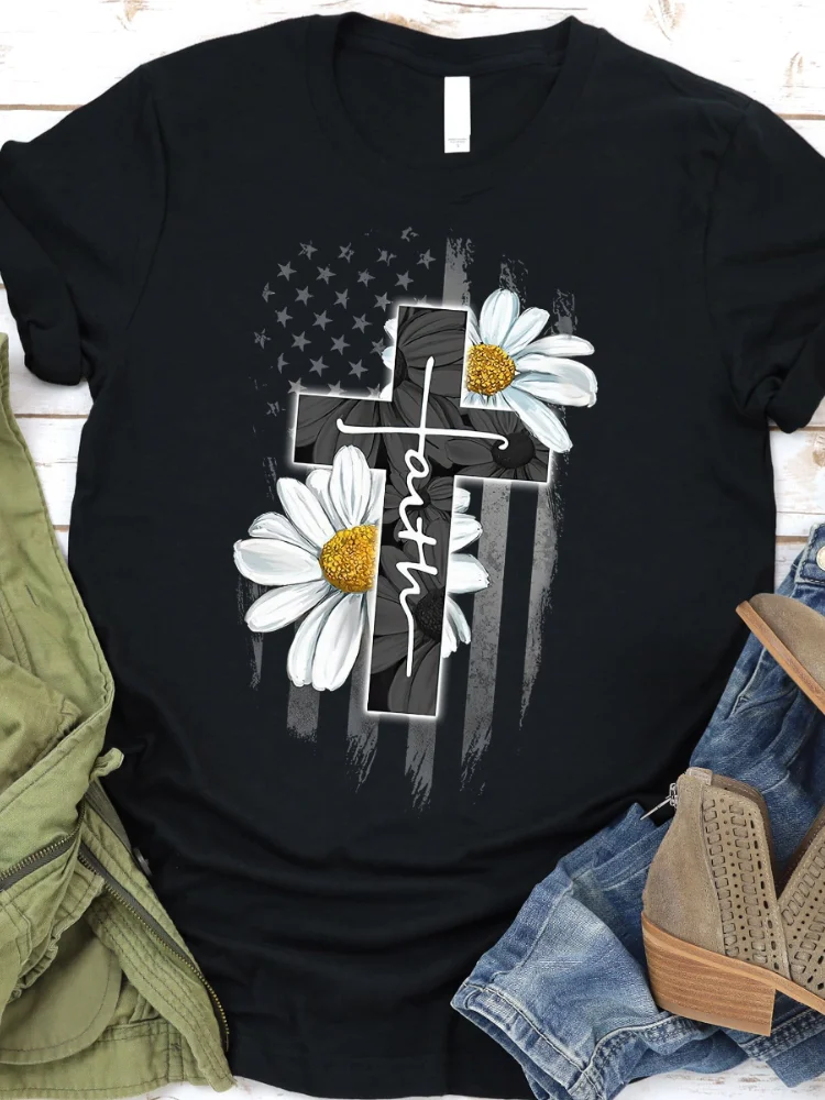 Vefave Faith Flag Daisy Print Short Sleeve Casual T Shirt