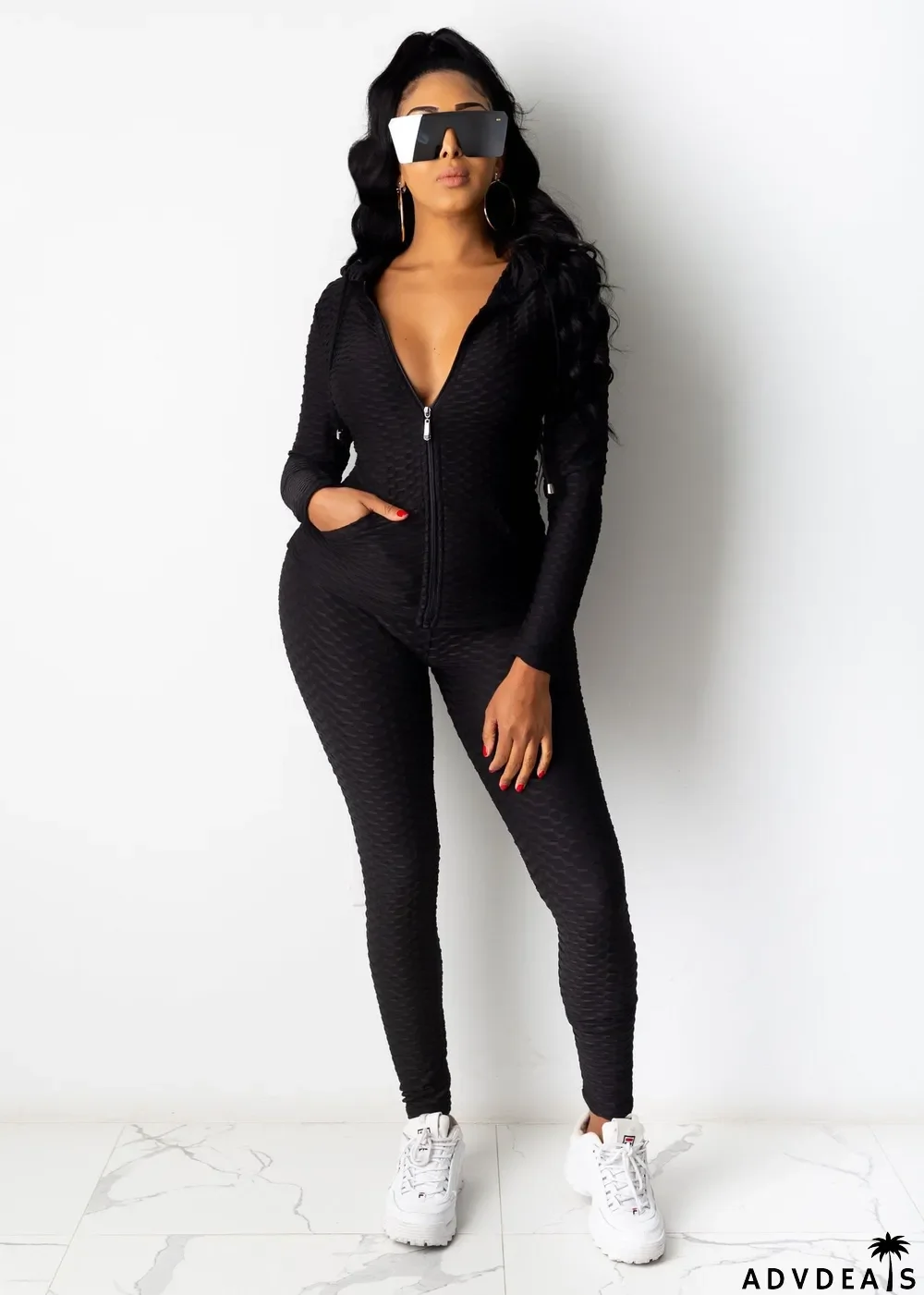 Solid Hooded Long Sleeve Zipper 2 Piece Pants Set