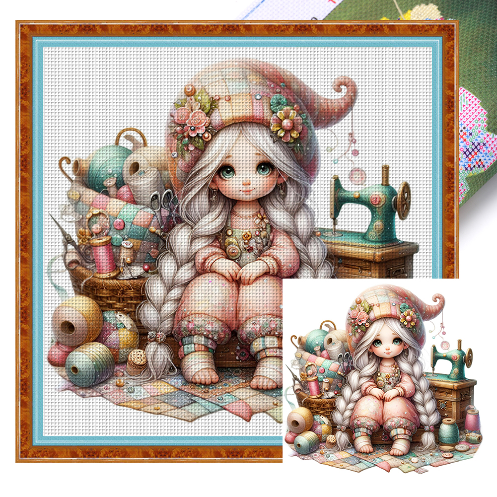 Sewing Gnome Girl Full 16CT Pre-stamped Canvas(40*40cm) Cross Stitch