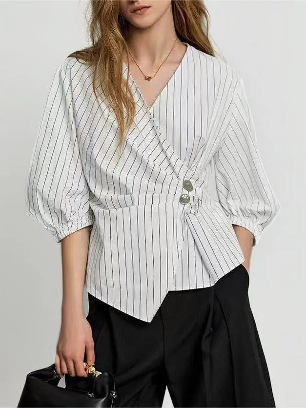 V Neck Half Sleeve Striped Blouses
