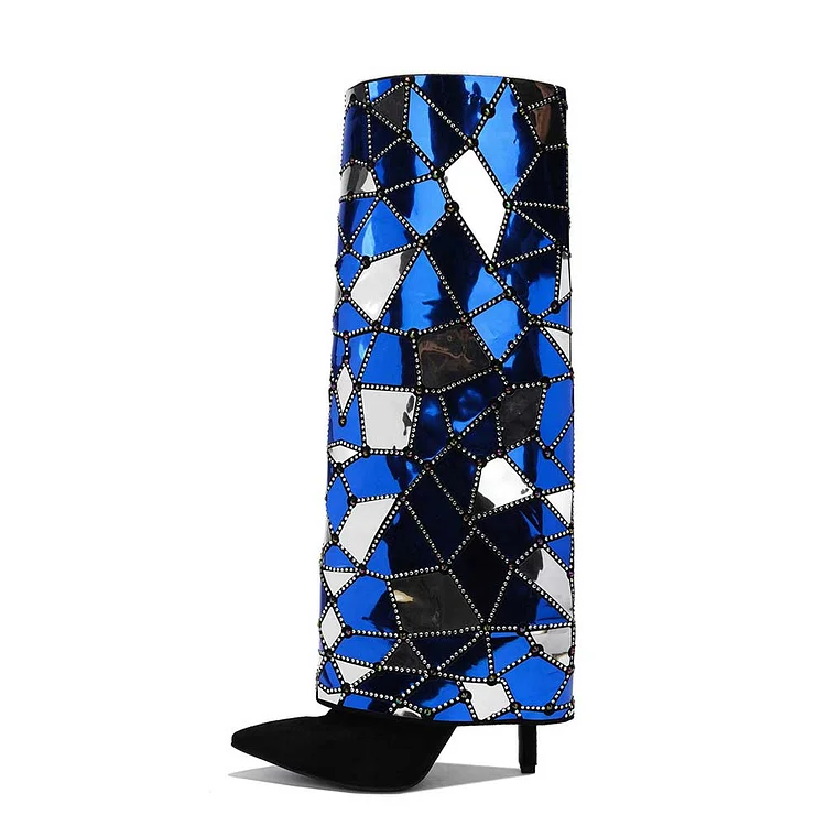 Metallic Blue & Black Heeled Knee Fold-Over Boots with Mosaic Detail |FSJ Shoes