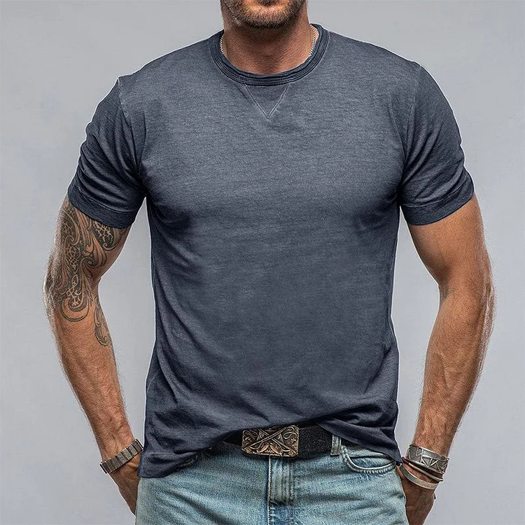 Men's Casual Cotton Solid Color Round Neck Short Sleeve T-Shirt
