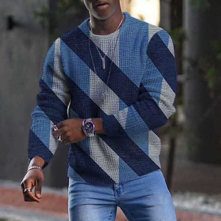 Interlaced Stripes Printed Round Neck Long Sleeve Men's Top