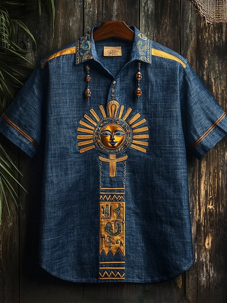 Men's Egyptian Sun Disk Of Ra Linen Short Sleeve Shirt / Rvogue / Rvogue