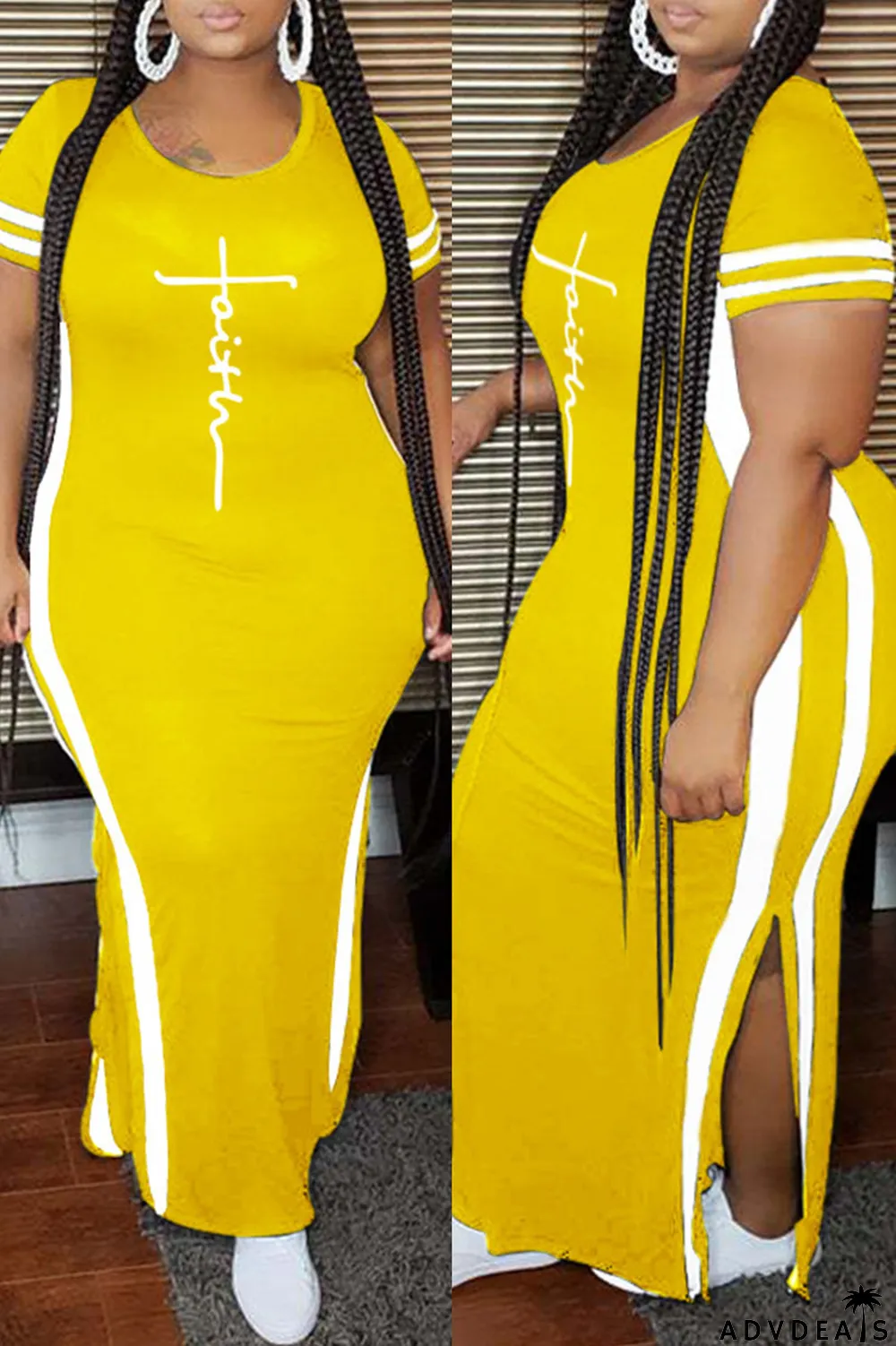 Tibetan Blue Fashion Casual Plus Size Print Slit O Neck Short Sleeve Dress