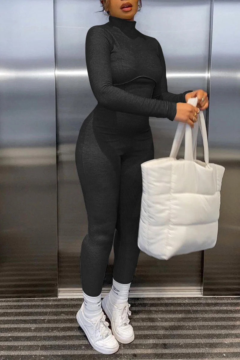 Casual Solid Split Joint Turtleneck Regular Jumpsuits